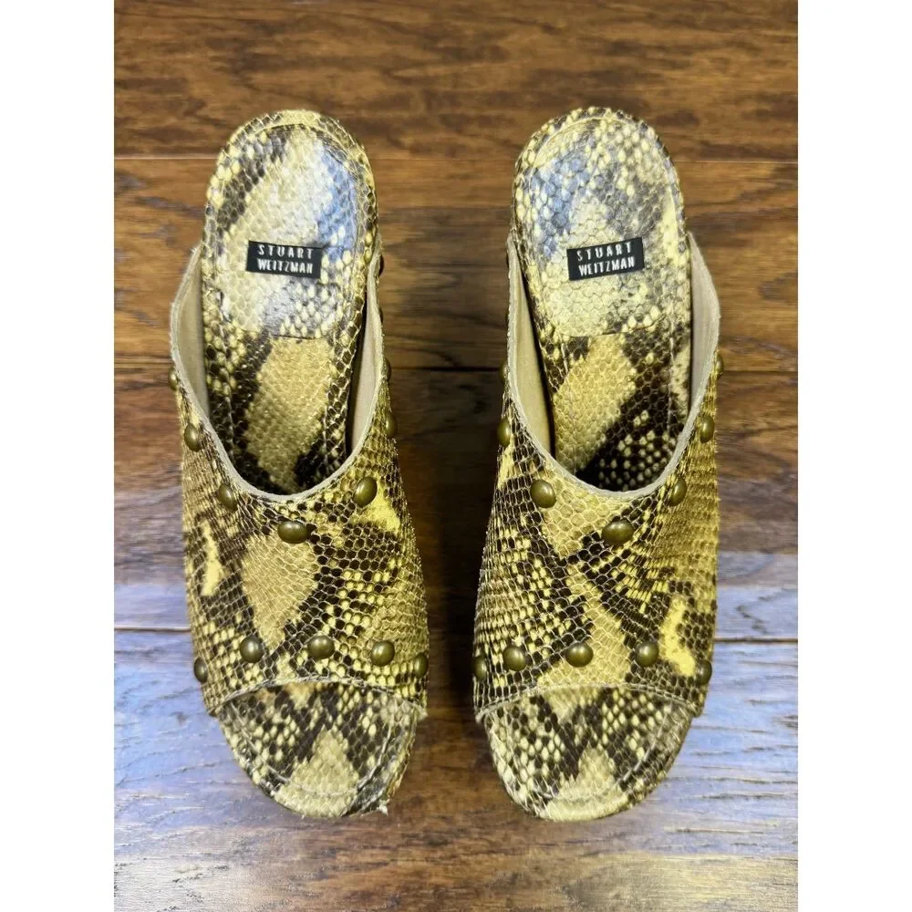 STUART WEITZMAN Genuine Snakeskin Brass Rivet Wooden Clog Platform, Sz 8.5
